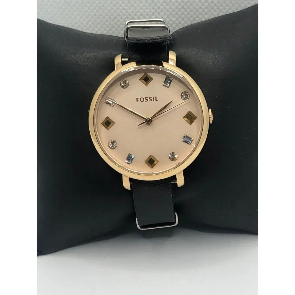 Fossil ES4473 Women's Black Leather Analog Pink Dial Quartz Genuine Watch OP64